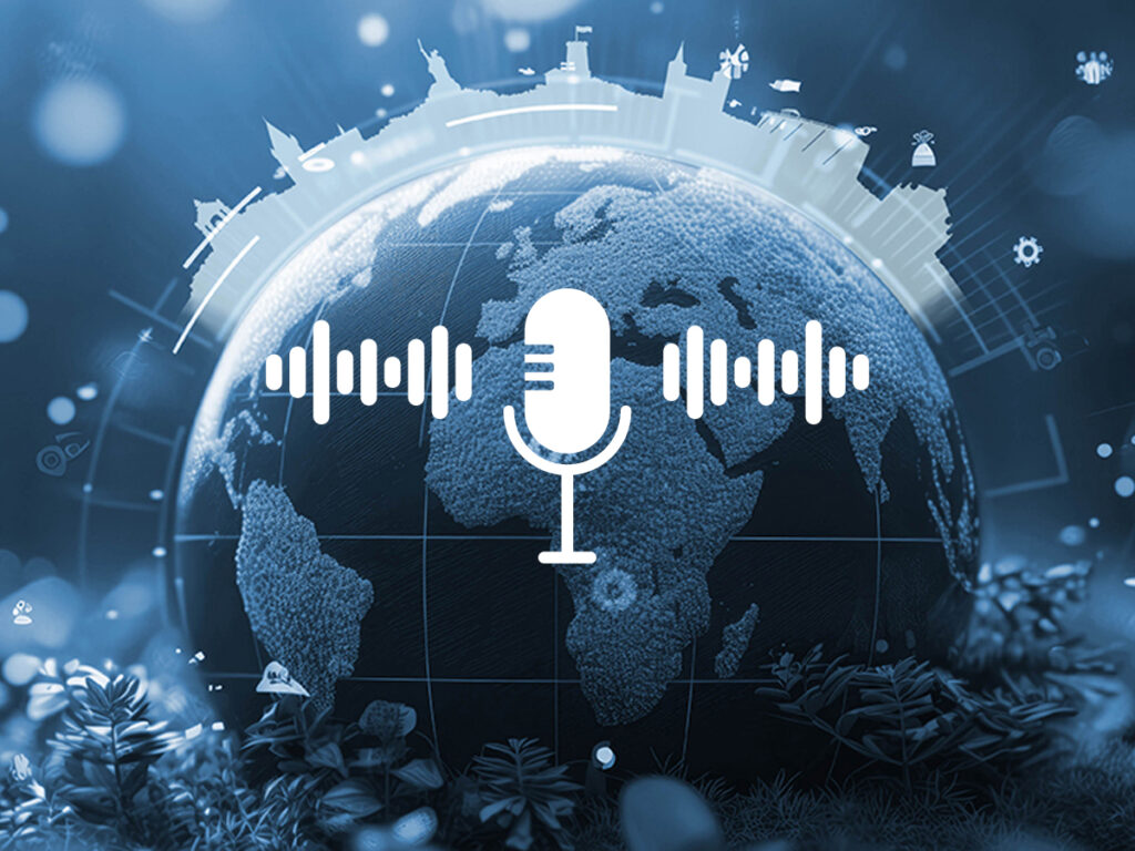 Blaue Weltkugel mit Volksbank Silhouette darüber und einem Podcast Mikrophon im Vordergrund