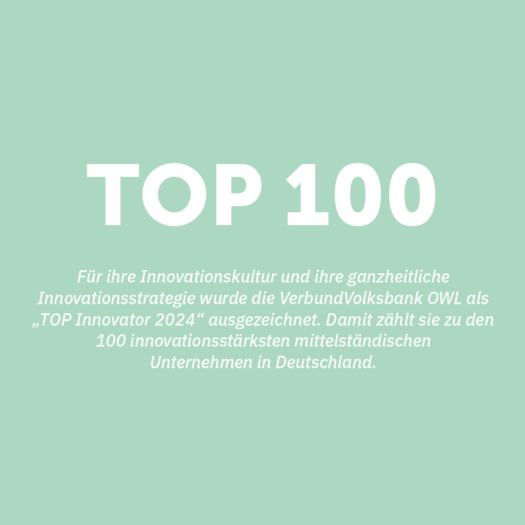 Die VerbundVolksbank OWL wurde als Top Innovator 2024 ausgezeichnet